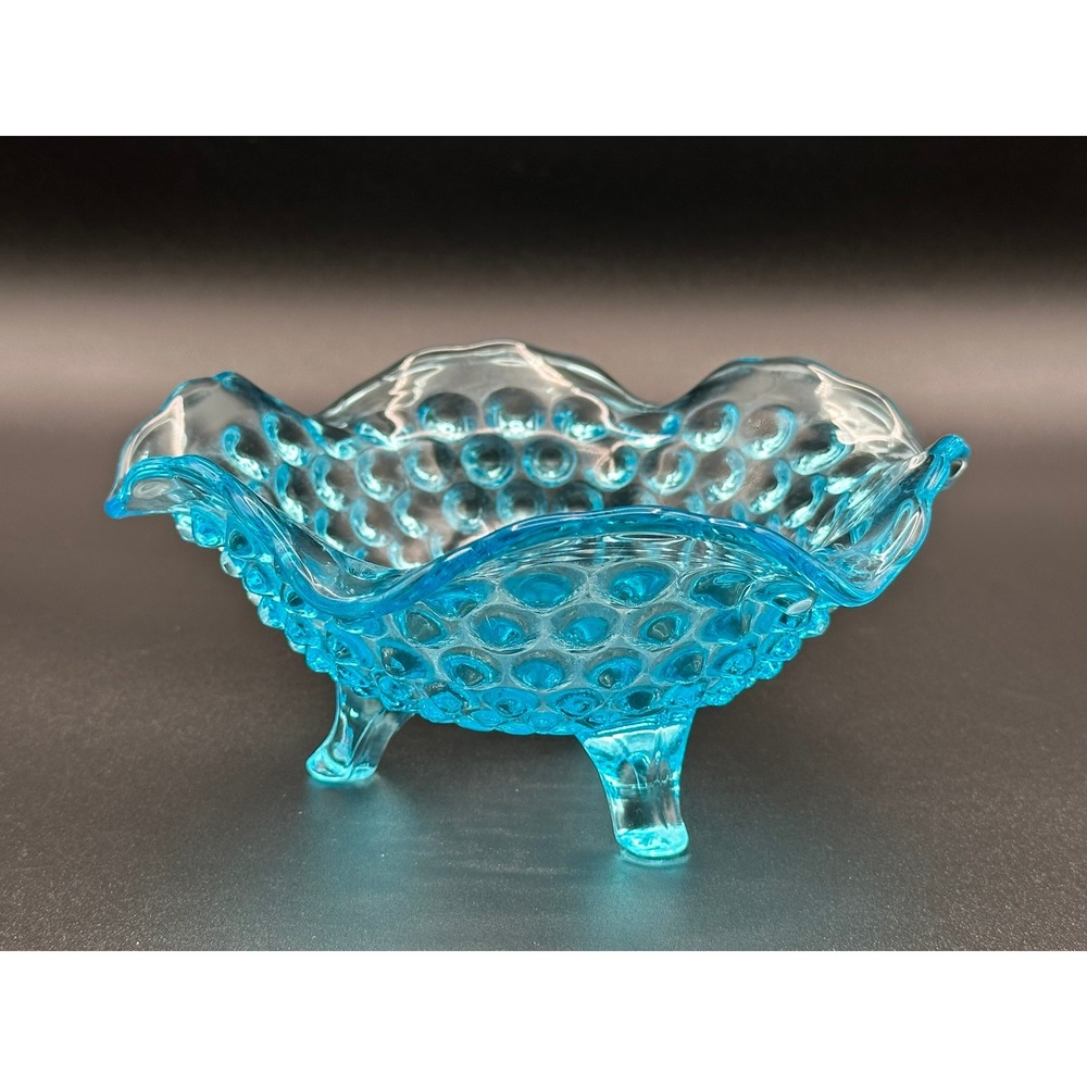 Blue Glass Hobnail Trifooted Rose Bowl 6in Ruffled Edge Vintage Aqua Candy Dish